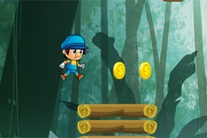 Personaje con gorra azul saltando sobre troncos en un bosque, recolectando monedas doradas