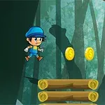 Personaje con gorra azul saltando sobre troncos en un bosque, recolectando monedas doradas