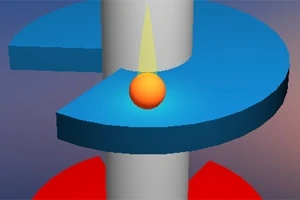 Esfera anaranjada sobre plataformas en espiral azul y roja alrededor de un cilindro gris