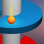 Esfera anaranjada sobre plataformas en espiral azul y roja alrededor de un cilindro gris