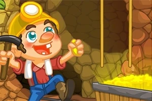 Minero caricaturesco con casco y pico sostiene una pepita de oro frente a una mina iluminada