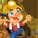 Minero caricaturesco con casco y pico sostiene una pepita de oro frente a una mina iluminada