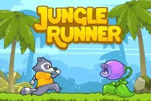 Un mapache con camiseta naranja corre hacia una planta carnívora en un entorno de jungla con palmeras y el texto Jungle Runner arriba
