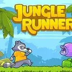 Un mapache con camiseta naranja corre hacia una planta carnívora en un entorno de jungla con palmeras y el texto Jungle Runner arriba