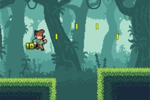 Un personaje de videojuego corre y salta por una selva pixelada mientras recoge monedas amarillas