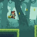 Un personaje de videojuego corre y salta por una selva pixelada mientras recoge monedas amarillas