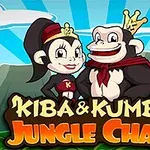 Dos personajes de mono con coronas y pañoletas, sonriendo frente a un paisaje de jungla con un cielo azul y nubes