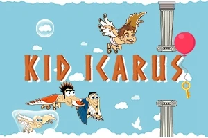 Un niño con alas volando en el cielo junto a personajes y columnas griegas, con un globo rojo y una llave dorada