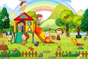 Niños jugando alegremente en un parque con juegos, árboles y un arcoíris de fondo