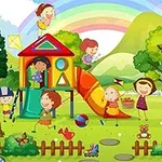 Niños jugando alegremente en un parque con juegos, árboles y un arcoíris de fondo