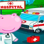Hipopótamo caricaturesco vestido de médico con un estetoscopio, una ambulancia detrás y un letrero de hospital