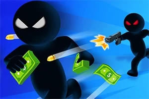 Figura negra corriendo con dinero mientras otra figura le dispara con una pistola en un fondo azul