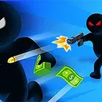 Figura negra corriendo con dinero mientras otra figura le dispara con una pistola en un fondo azul