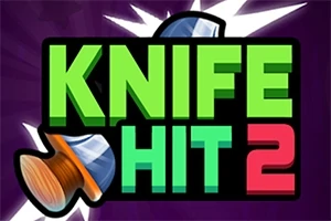 Texto verde y rojo brillante KNIFE HIT 2 con cuchillos rodeándolo en un fondo oscuro