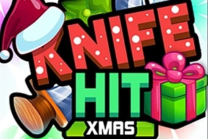 Texto colorido que dice Knife Hit Xmas con un regalo navideño y un cuchillo adornados