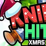 Texto colorido que dice Knife Hit Xmas con un regalo navideño y un cuchillo adornados