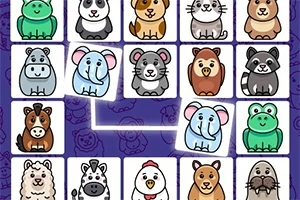 Ilustración de un tablero con dibujos de animales adorables como perros, gatos, elefantes, y osos, organizados en una cuadrícula sobre un fondo azul