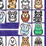 Ilustración de un tablero con dibujos de animales adorables como perros, gatos, elefantes, y osos, organizados en una cuadrícula sobre un fondo azul