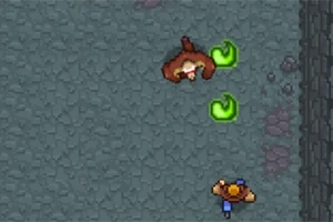 Un personaje de sombrero azul enfrenta a una criatura voladora marrón en un suelo de piedra, con dos símbolos verdes brillantes flotando cerca
