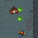 Un personaje de sombrero azul enfrenta a una criatura voladora marrón en un suelo de piedra, con dos símbolos verdes brillantes flotando cerca