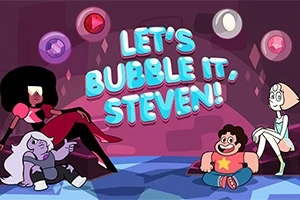 Cuatro personajes animados sentados en una sala con gemas flotantes y el texto Lets Bubble It, Steven!