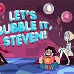 Cuatro personajes animados sentados en una sala con gemas flotantes y el texto Lets Bubble It, Steven!