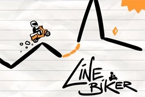 Dibujo de un motociclista en una moto naranja sobre un camino de líneas negras con una lunares en el cielo y el texto Line Biker