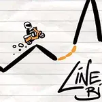 Dibujo de un motociclista en una moto naranja sobre un camino de líneas negras con una lunares en el cielo y el texto Line Biker