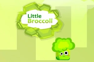 Un brócoli caricaturesco con ojos grandes bajo un fondo verde con un texto que dice Little Broccoli