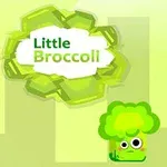 Un brócoli caricaturesco con ojos grandes bajo un fondo verde con un texto que dice Little Broccoli