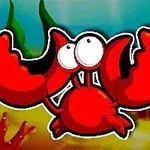 Cangrejo rojo animado con grandes ojos y pinzas en un fondo submarino colorido con algas y corales