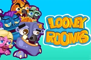 Monstruos coloridos con expresiones cómicas junto al texto Looney Rooks en un fondo azul