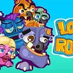 Monstruos coloridos con expresiones cómicas junto al texto Looney Rooks en un fondo azul