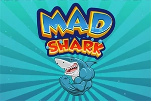 Tiburón musculoso y sonriente con un fondo azul rayado y las palabras Mad Shark