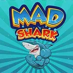 Tiburón musculoso y sonriente con un fondo azul rayado y las palabras Mad Shark