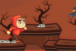Personaje con sudadera roja corriendo en un paisaje oscuro con árboles secos y un cuervo observando