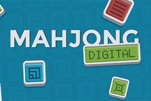 Fondo azul con la palabra MAHJONG en blanco y DIGITAL en una etiqueta verde, rodeada de fichas de colores con patrones geométricos