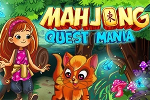 Niña sonriente y un gato anaranjado en un bosque colorido con hongos y mariposas, bajo un título que dice MAHJONG QUEST MANIA