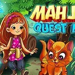Niña sonriente y un gato anaranjado en un bosque colorido con hongos y mariposas, bajo un título que dice MAHJONG QUEST MANIA