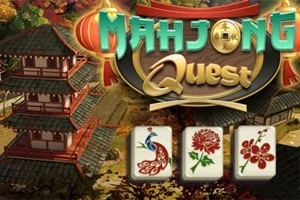 Pagoda tradicional rodeada de árboles en otoño con fichas de mahjong florales en primer plano