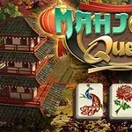 Pagoda tradicional rodeada de árboles en otoño con fichas de mahjong florales en primer plano