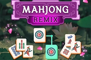 Fichas de Mahjong con un fondo de loto y el texto Mahjong Remix en un letrero púrpura