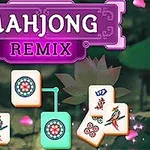 Fichas de Mahjong con un fondo de loto y el texto Mahjong Remix en un letrero púrpura