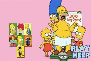Homer Simpson en una báscula con Marge, Lisa, Bart y Maggie a su alrededor, sobre un fondo rosa con cartas de personajes a la izquierda y botones de PLAY y HELP a la derecha