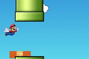 Personaje con alas volando entre tuberías verdes sobre un fondo azul con bloques de ladrillo