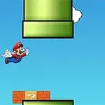 Personaje con alas volando entre tuberías verdes sobre un fondo azul con bloques de ladrillo
