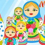 Muñecas matrioskas coloridas con pañuelos azules y amarillos, decoradas con flores rojas y rosadas