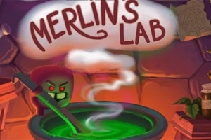 Una figura con ojos rojos agita una poción verde en un caldero humeante bajo un letrero que dice Merlins Lab