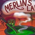 Una figura con ojos rojos agita una poción verde en un caldero humeante bajo un letrero que dice Merlins Lab