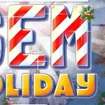 Texto GEM HOLIDAY con diseño de bastón de caramelo y acebo navideño